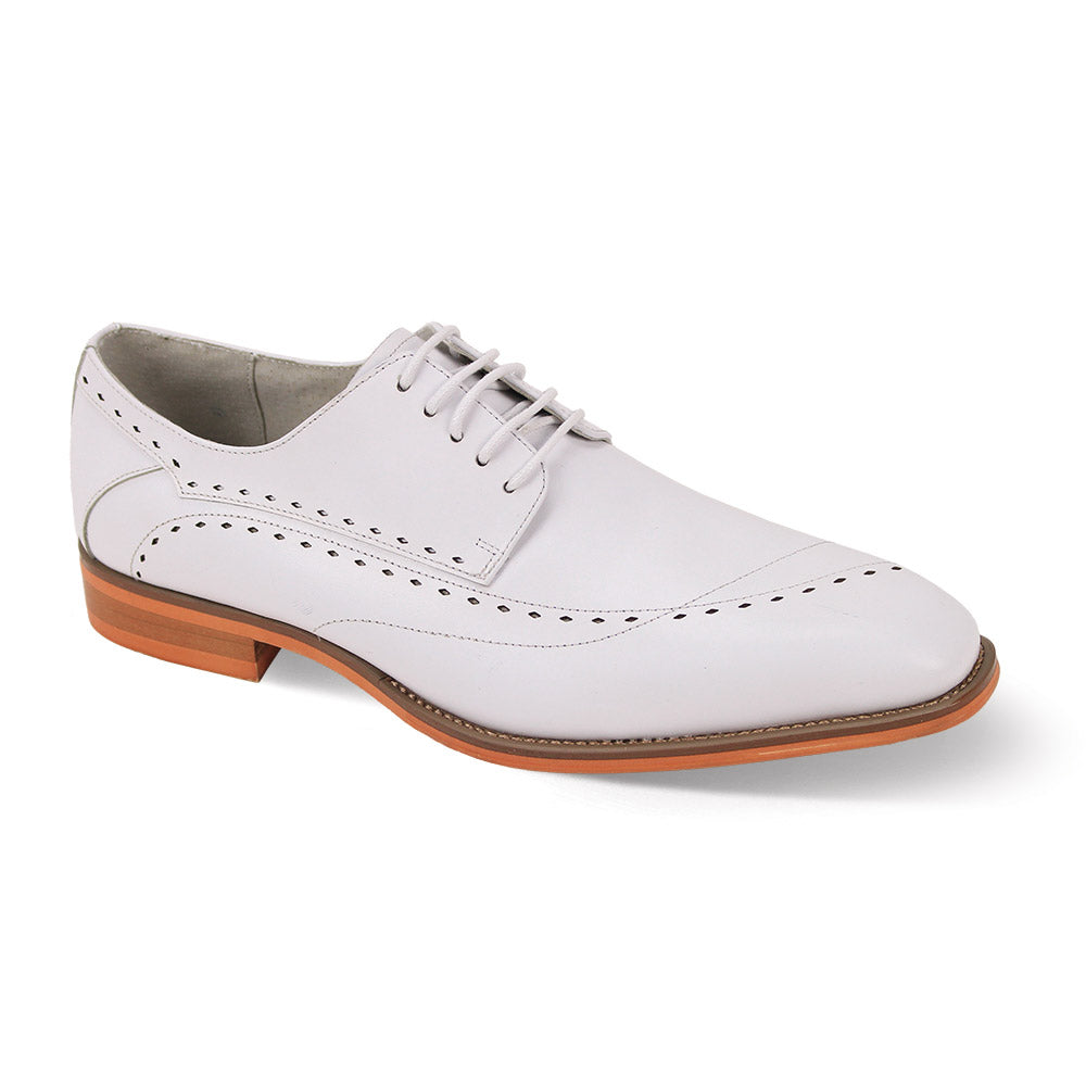 GIOVANNI's Giovanni Triston shoes feature white leather with decorative perforations, a brown sole, and an asymmetrical lace-up closure showcasing intricate stitch detailing.