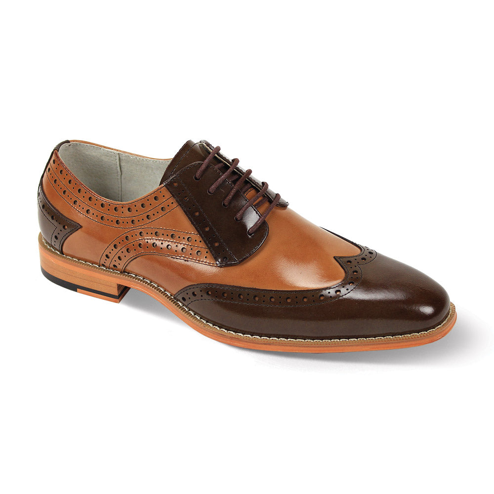 Discover the Giovanni Troy Chocolate Brown/Tan Leather Shoes from GIOVANNI, featuring intricate perforations, a classic wingtip design, and rich dark brown laces.