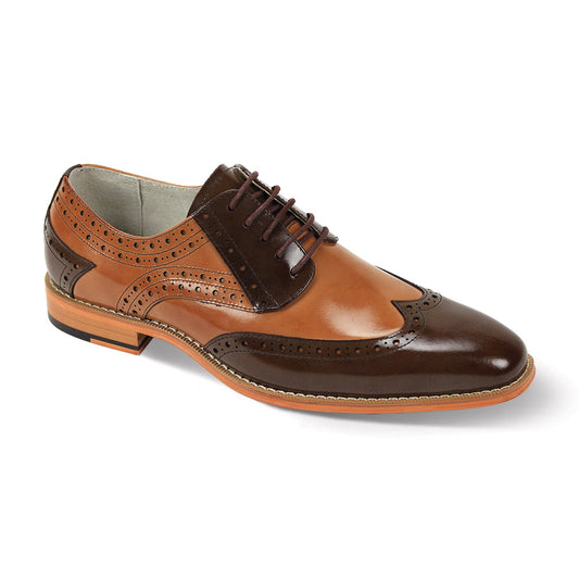 Discover the Giovanni Troy Chocolate Brown/Tan Leather Shoes from GIOVANNI, featuring intricate perforations, a classic wingtip design, and rich dark brown laces.
