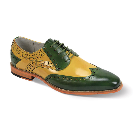 The Giovanni Troy Green/Scotch leather wingtip brogue shoe by GIOVANNI features a green and yellow design, lace-up detailing, perforated patterns, and a leather sole.
