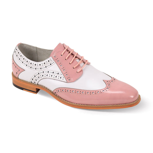 The Giovanni Troy Pink/White Leather Shoes by GIOVANNI are elegant wingtip brogues featuring decorative perforations and delicate pink lace details on a light brown sole.