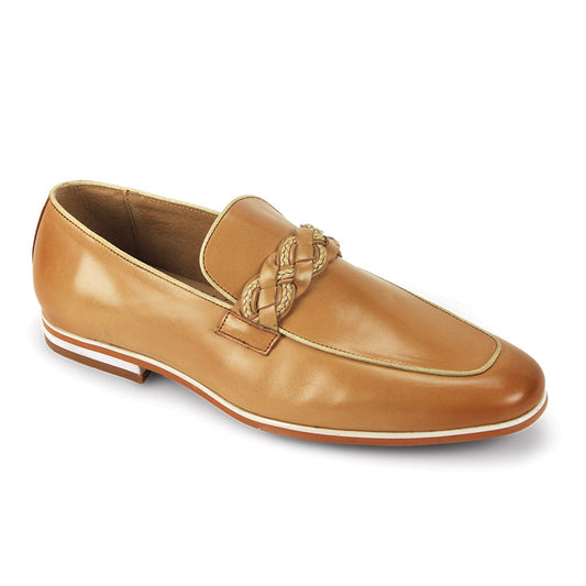 The Giovanni Tudor Latte Leather Shoes by GIOVANNI feature a tan leather design with woven strap detail, moc toe, low heel, and white sole trim for a refined slip-on style.