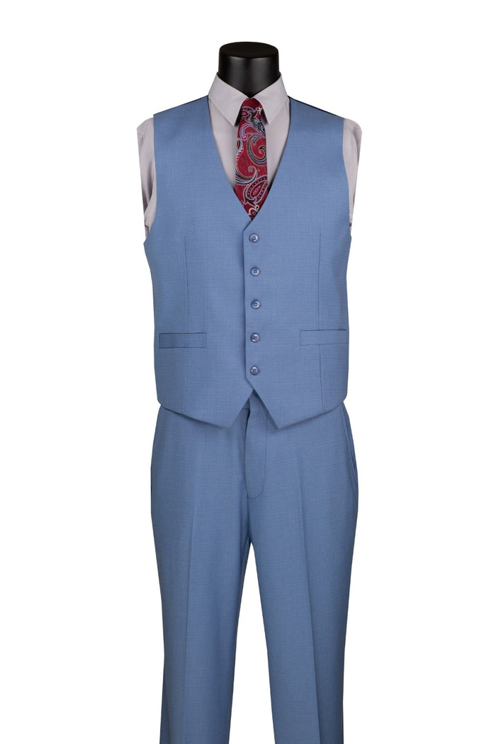 A Vinci Suits' Regular Fit 3 Piece Suit in Dusty Blue V2RK-4, featuring a blazer, vest, and adjustable waist band pants, is stylishly showcased on a mannequin with a paisley tie and matching pocket square.