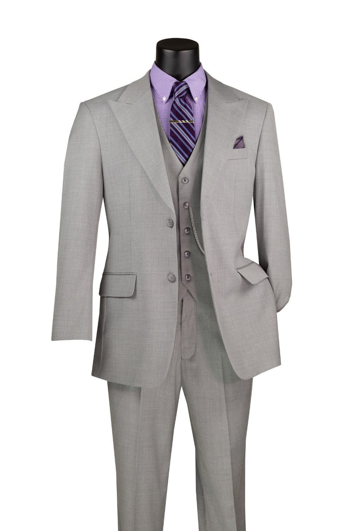 Vinci Suits' Regular Fit 3 Piece Suit, Light Gray V2RK-4, includes a versatile blazer, vest, and pants with an adjustable waistband. Elegantly paired with a purple shirt and striped tie, it offers stylish comfort for any formal occasion.