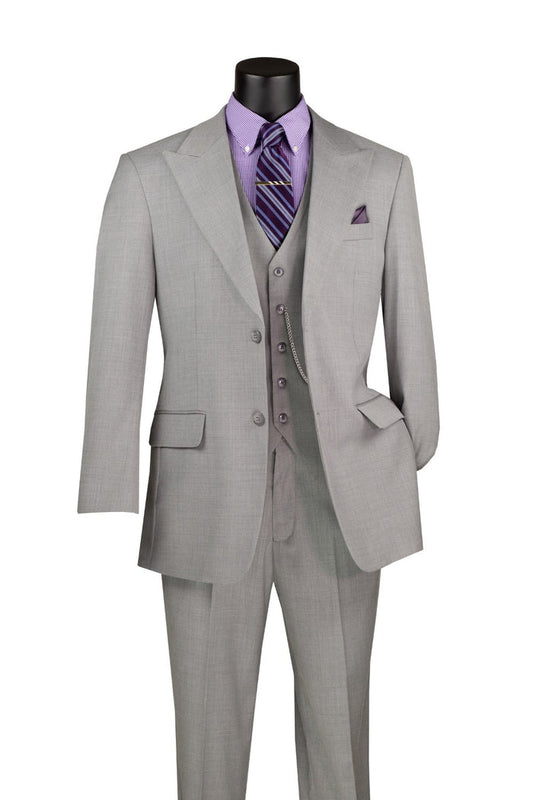 Vinci Suits' Regular Fit 3 Piece Suit, Light Gray V2RK-4, includes a versatile blazer, vest, and pants with an adjustable waistband. Elegantly paired with a purple shirt and striped tie, it offers stylish comfort for any formal occasion.