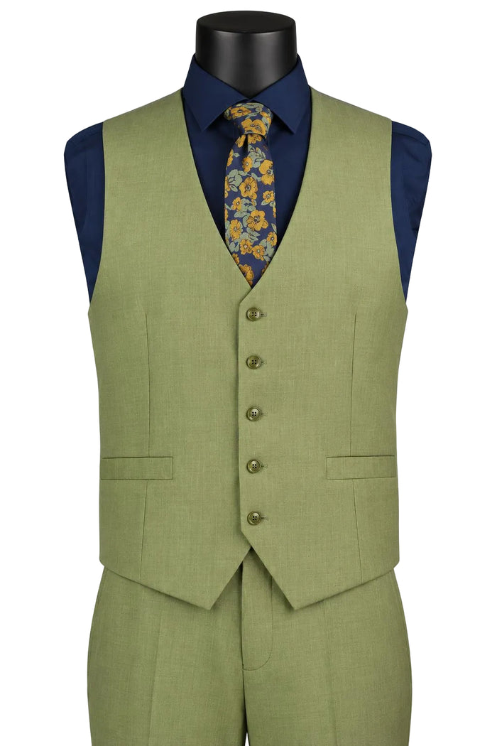The Vinci Suits Regular Fit Moss 3 Piece Suit with Vest and Adjustable Waistband Pants V2RK-4 is shown in light green on a mannequin, paired with a blue shirt and yellow floral tie.