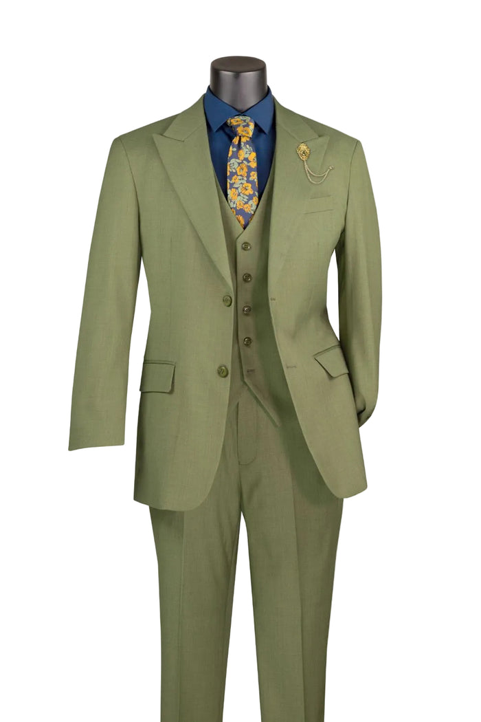 The Vinci Suits Regular Fit Moss 3 Piece Suit with Vest and Adjustable Waistband Pants V2RK-4 is shown in light green on a mannequin, paired with a blue shirt and yellow floral tie.