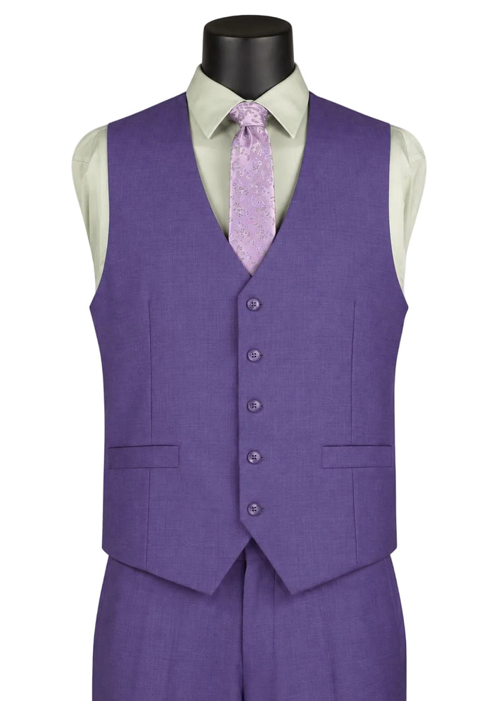 A Vinci Suits Regular Fit Purple 3 Piece Suit with Vest and Adjustable Waistband Pants V2RK-4, styled with a light green shirt and lavender tie, shown on a black mannequin.