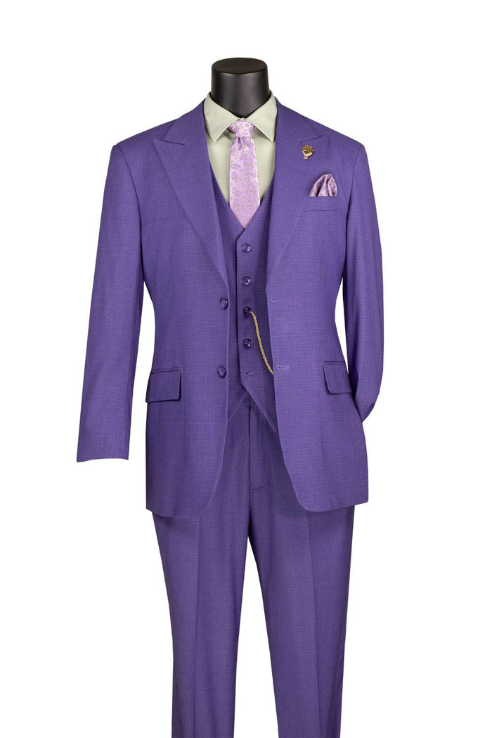 A Vinci Suits Regular Fit Purple 3 Piece Suit with Vest and Adjustable Waistband Pants V2RK-4, styled with a light green shirt and lavender tie, shown on a black mannequin.