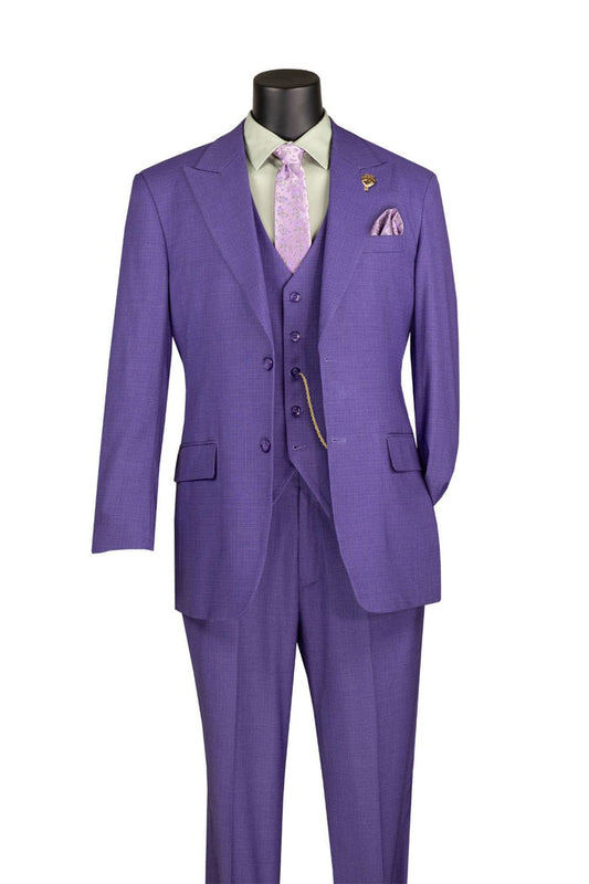 A Vinci Suits Regular Fit Purple 3 Piece Suit with Vest and Adjustable Waistband Pants V2RK-4, styled with a light green shirt and lavender tie, shown on a black mannequin.