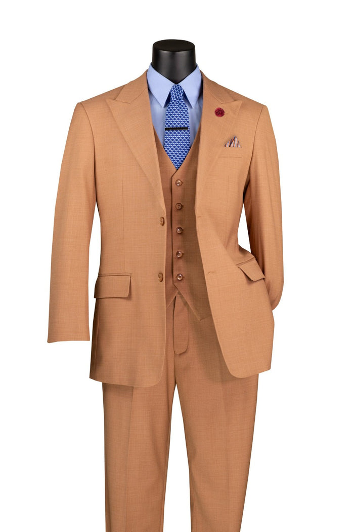 The Vinci Suits' Regular Fit 3 Piece Suit in Light Amber V2RK-4, including a vest and adjustable waistband pants, is stylishly paired with a blue shirt and patterned tie on a black mannequin.