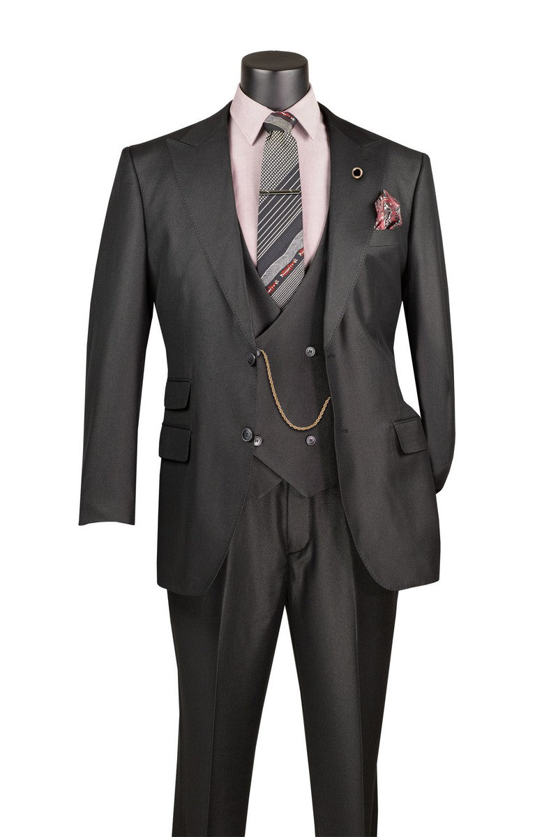 The Regular Fit Black 3 Piece Sharkskin Suit with Vest and Adjustable Waistband Pants V2RK-5 by Vinci Suits is styled with a pink shirt, patterned tie, pocket square, and gold chain on a mannequin.