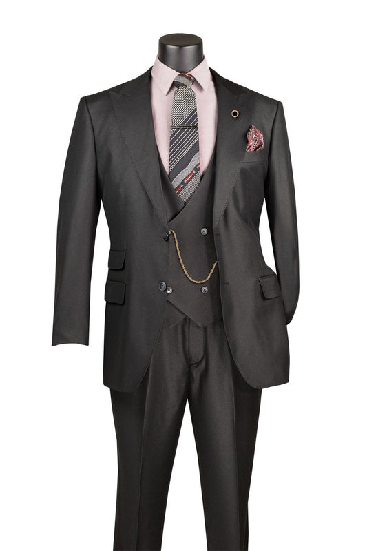 The Regular Fit Black 3 Piece Sharkskin Suit with Vest and Adjustable Waistband Pants V2RK-5 by Vinci Suits is styled with a pink shirt, patterned tie, pocket square, and gold chain on a mannequin.
