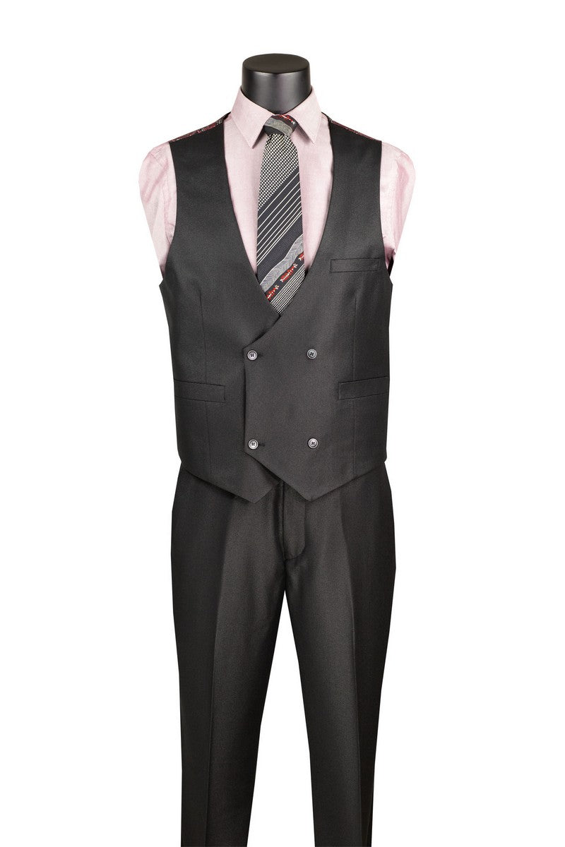 The Regular Fit Black 3 Piece Sharkskin Suit with Vest and Adjustable Waistband Pants V2RK-5 by Vinci Suits is styled with a pink shirt, patterned tie, pocket square, and gold chain on a mannequin.