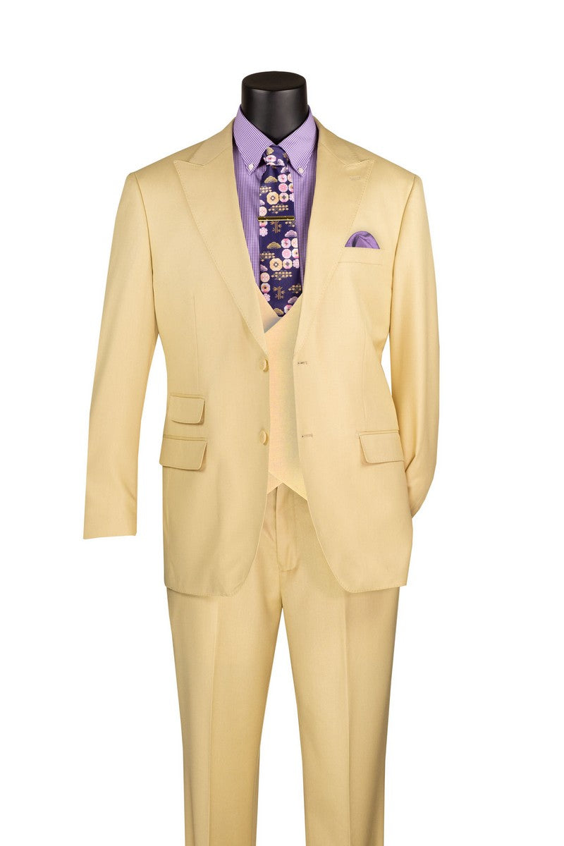 A mannequin showcases the Regular Fit Butter 3 Piece Sharkskin Suit with Vest and Adjustable Waistband Pants V2RK-5 by Vinci Suits in pale yellow, paired with a lavender shirt and tie.