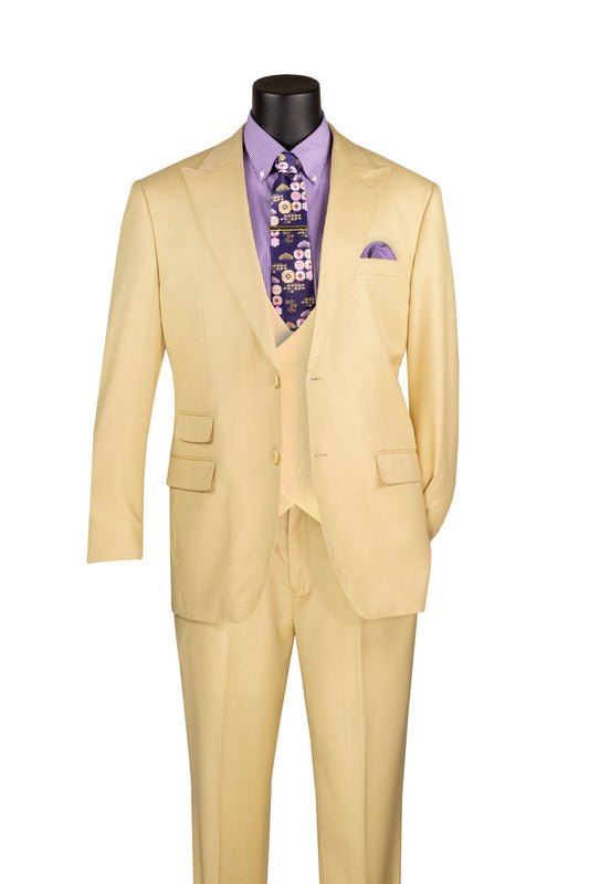 A mannequin showcases the Regular Fit Butter 3 Piece Sharkskin Suit with Vest and Adjustable Waistband Pants V2RK-5 by Vinci Suits in pale yellow, paired with a lavender shirt and tie.