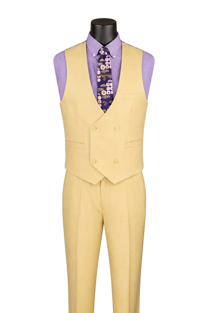 A mannequin showcases the Regular Fit Butter 3 Piece Sharkskin Suit with Vest and Adjustable Waistband Pants V2RK-5 by Vinci Suits in pale yellow, paired with a lavender shirt and tie.
