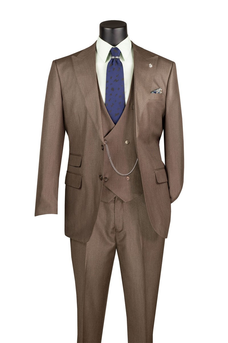 The Vinci Suits Regular Fit Deep Taupe 3 Piece Sharkskin Suit with Vest and Adjustable Waistband Pants V2RK-5 is styled on a mannequin with a light green shirt, blue tie, and pocket square.