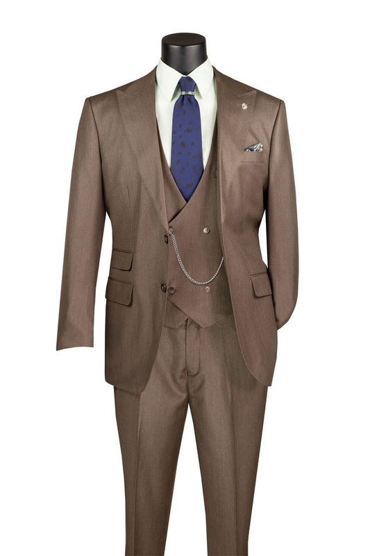 The Vinci Suits Regular Fit Deep Taupe 3 Piece Sharkskin Suit with Vest and Adjustable Waistband Pants V2RK-5 is styled on a mannequin with a light green shirt, blue tie, and pocket square.