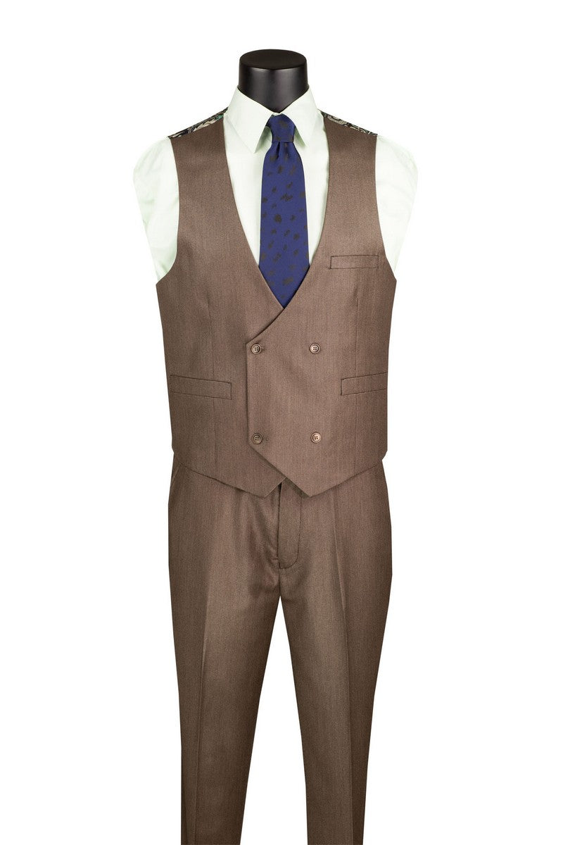 The Vinci Suits Regular Fit Deep Taupe 3 Piece Sharkskin Suit with Vest and Adjustable Waistband Pants V2RK-5 is styled on a mannequin with a light green shirt, blue tie, and pocket square.