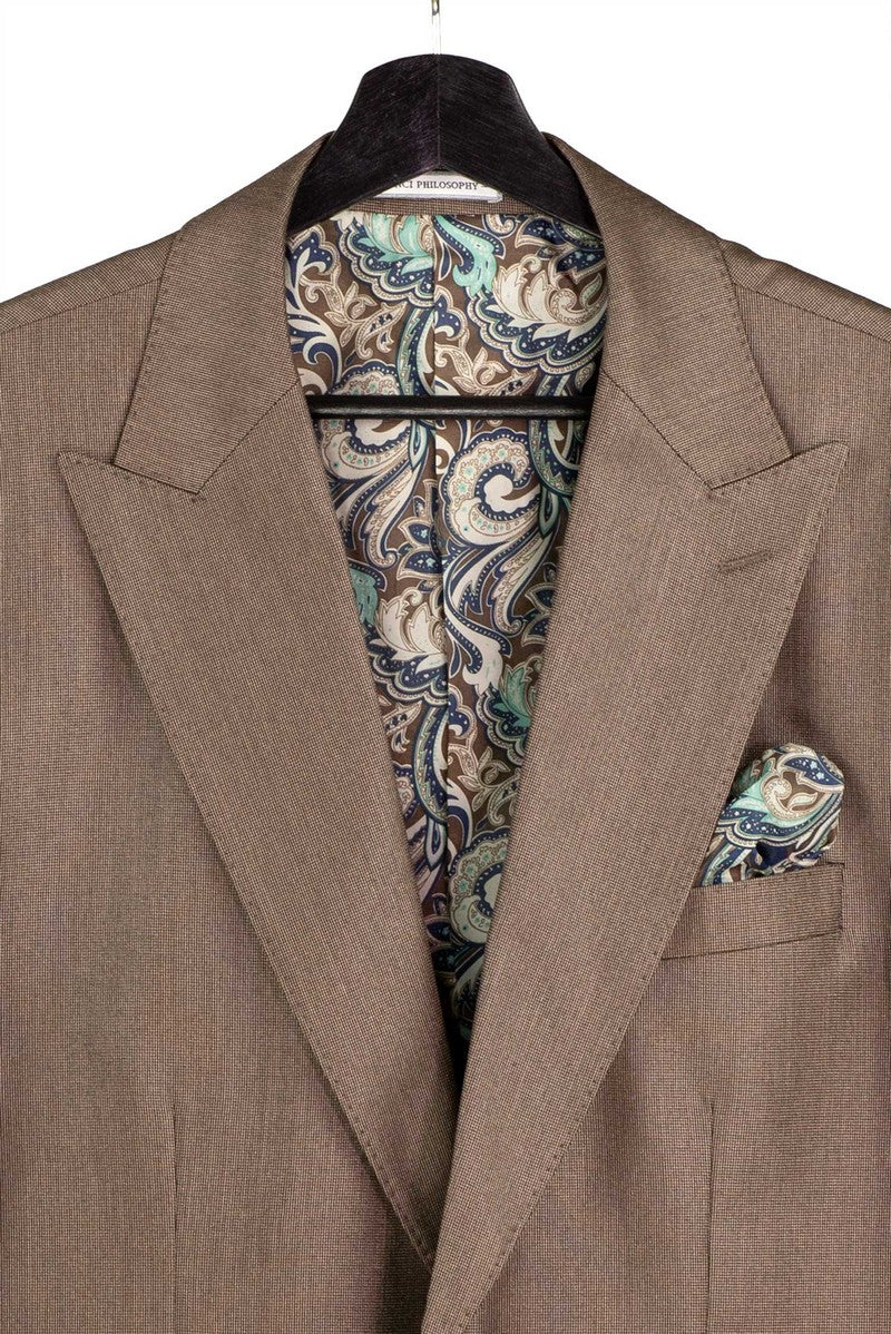 The Vinci Suits Regular Fit Deep Taupe 3 Piece Sharkskin Suit with Vest and Adjustable Waistband Pants V2RK-5 is styled on a mannequin with a light green shirt, blue tie, and pocket square.