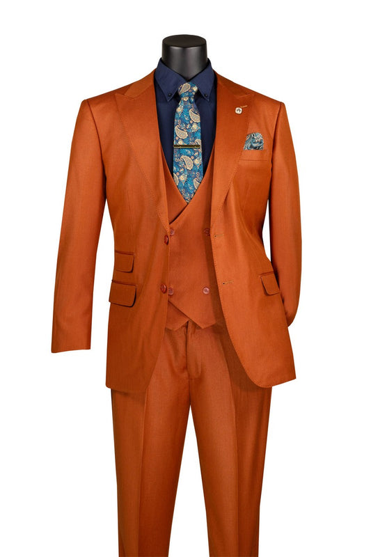 The Vinci Suits Regular Fit Rust 3 Piece Sharkskin Suit with Vest and Adjustable Waistband Pants V2RK-5 is styled with a navy shirt, paisley tie, and matching pocket square on a mannequin.