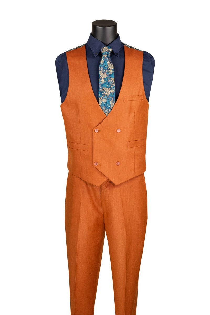 The Vinci Suits Regular Fit Rust 3 Piece Sharkskin Suit with Vest and Adjustable Waistband Pants V2RK-5 is styled with a navy shirt, paisley tie, and matching pocket square on a mannequin.