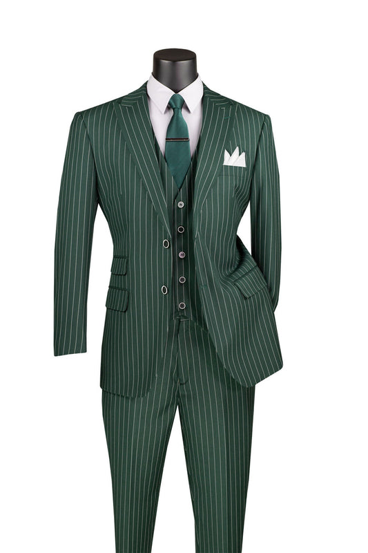 The Vinci Suits Regular Fit 3 Piece Suit in Hunter Green features a peak lapel jacket, matching vest, and tie. Complemented by a white dress shirt and pocket square, it offers wrinkle resistance for a crisp look all day.