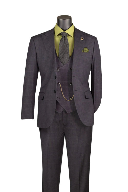Mannequin dressed in Vinci Suits Regular Fit Black Glen Plaid 3 Piece Suit V2RW-16 with a green shirt, patterned gray tie, pocket square, and gold chain.