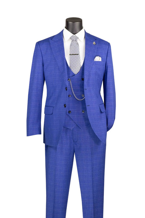 Mannequin wears the Vinci Suits Regular Fit Classic Blue Glen Plaid 3 Piece Suit V2RW-16 with a white shirt, patterned tie, pocket square, and chain for a classic look.