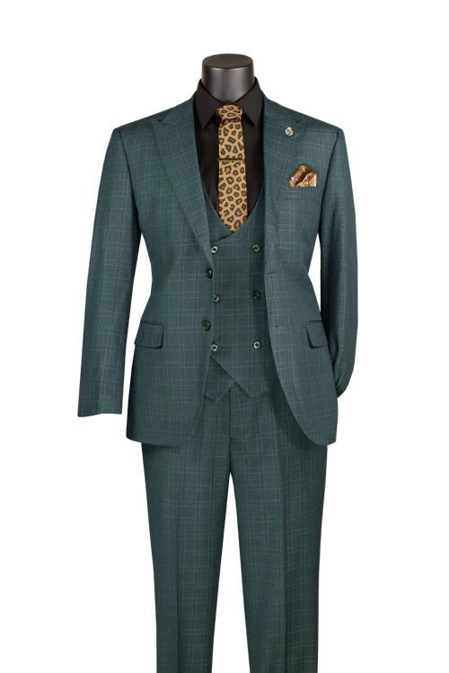 Mannequin wearing Vinci Suits Regular Fit Forest Green Glen Plaid 3 Piece Suit V2RW-16 with black shirt, leopard print tie, and matching pocket square on a white background.