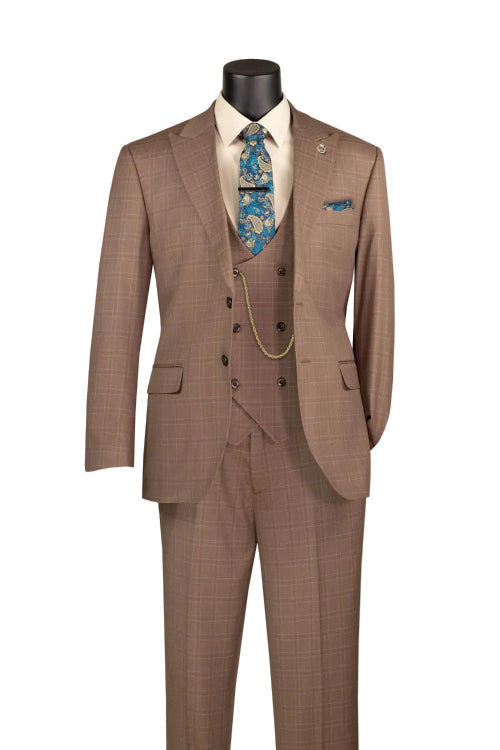 The Vinci Suits Regular Fit Toast Glen Plaid 3 Piece Suit V2RW-16 is displayed with a blue paisley tie, cream shirt, blue pocket square, and a gold chain accessory.