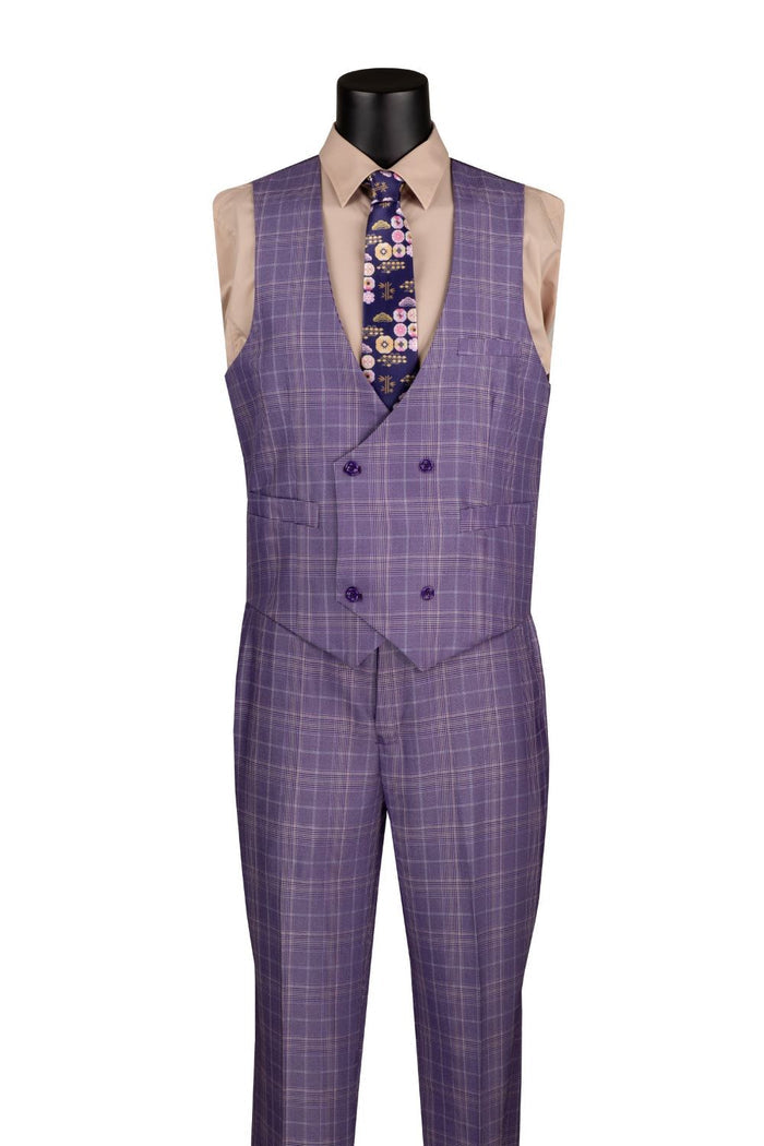 Vinci Suits' Regular Fit 3 Piece Suit Light Purple V2RW-7 includes a beige shirt, floral tie, and a matching double-breasted vest with a chain accessory. A pocket square is neatly tucked in the breast pocket.