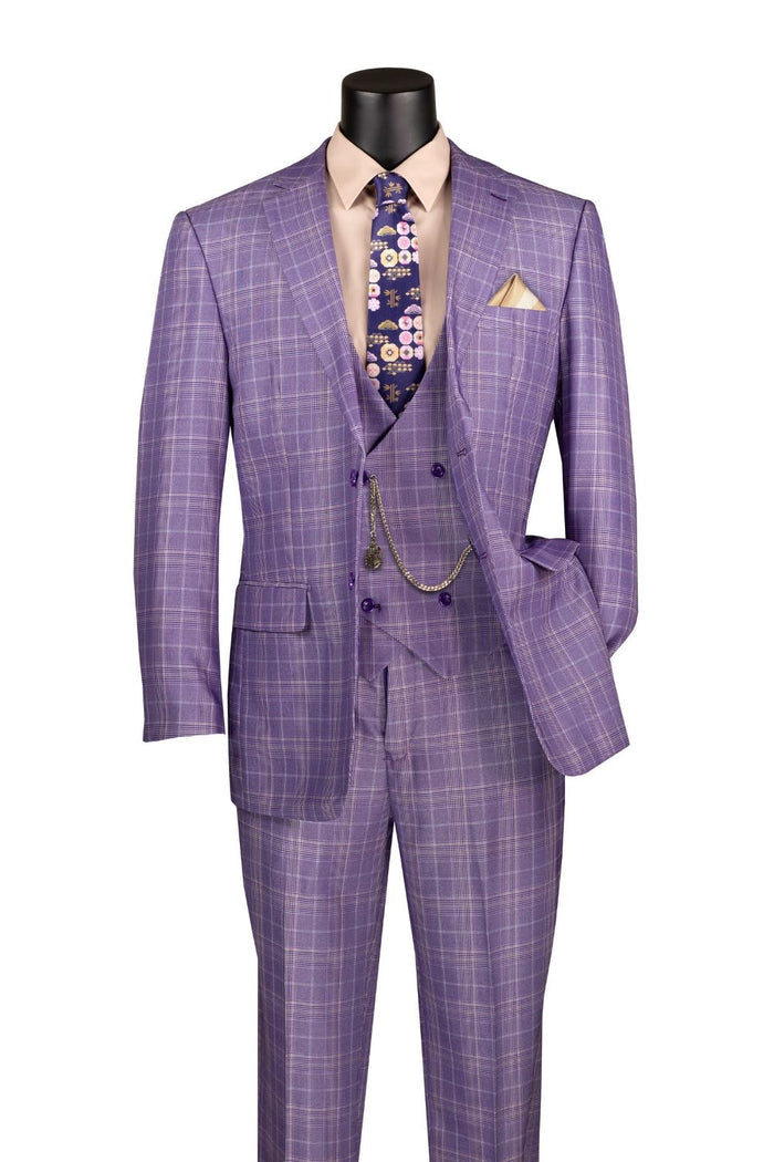 Vinci Suits' Regular Fit 3 Piece Suit Light Purple V2RW-7 includes a beige shirt, floral tie, and a matching double-breasted vest with a chain accessory. A pocket square is neatly tucked in the breast pocket.