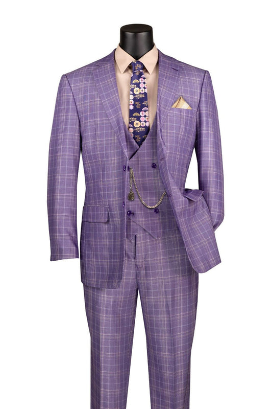 Vinci Suits' Regular Fit 3 Piece Suit Light Purple V2RW-7 includes a beige shirt, floral tie, and a matching double-breasted vest with a chain accessory. A pocket square is neatly tucked in the breast pocket.