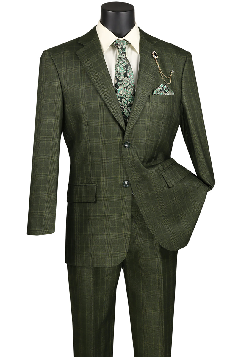 The mannequin is dressed in a sophisticated olive Vinci Suits Regular Fit 3 Piece Suit (V2RW-7), featuring a matching paisley tie and pocket square, and an elegant double-breasted vest.
