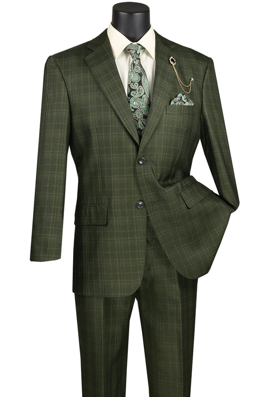 The mannequin is dressed in a sophisticated olive Vinci Suits Regular Fit 3 Piece Suit (V2RW-7), featuring a matching paisley tie and pocket square, and an elegant double-breasted vest.
