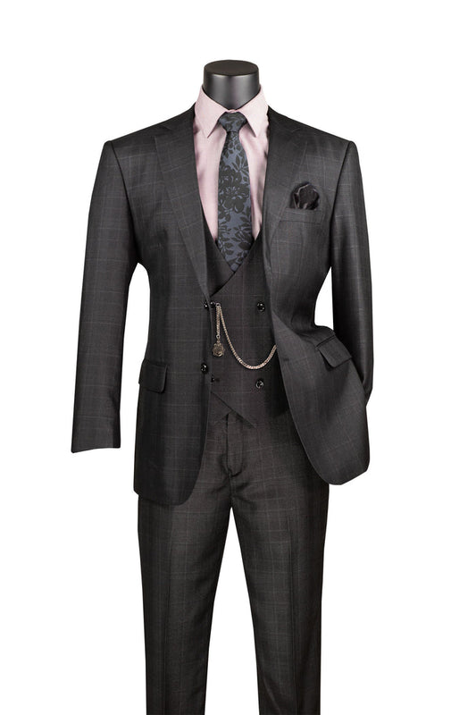 A mannequin showcases the Vinci Suits Regular Fit 3 Piece Suit (Black) V2RW-7, featuring a dark checkered design with a wrinkle-resistant, double-breasted vest. The ensemble is completed with a pink shirt, patterned tie, and pocket square for an impeccable finish.