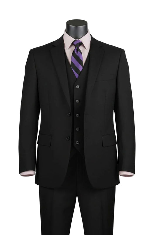 Vinci Suits Regular Fit Black 3 Piece Suit 2 Button with Adjustable Waistband Pants F-V2TR on a mannequin, styled with a light pink dress shirt and purple striped tie.