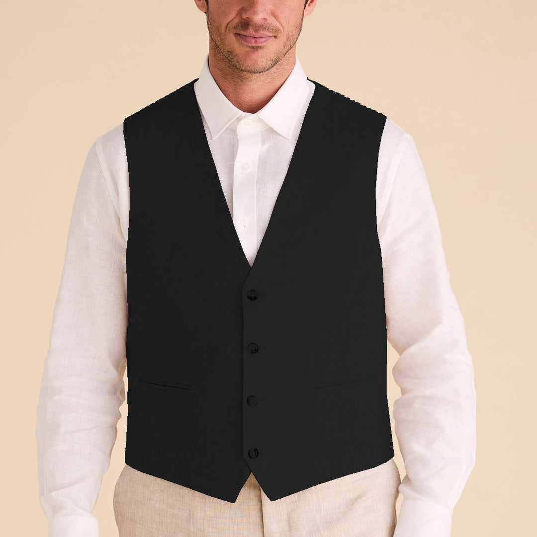 The Inserch Classic Linen Vest V66010, available in three colors, is a classic four-button vest made from premium linen. It features two front pockets and an adjustable belt, elegantly displayed on a light background.