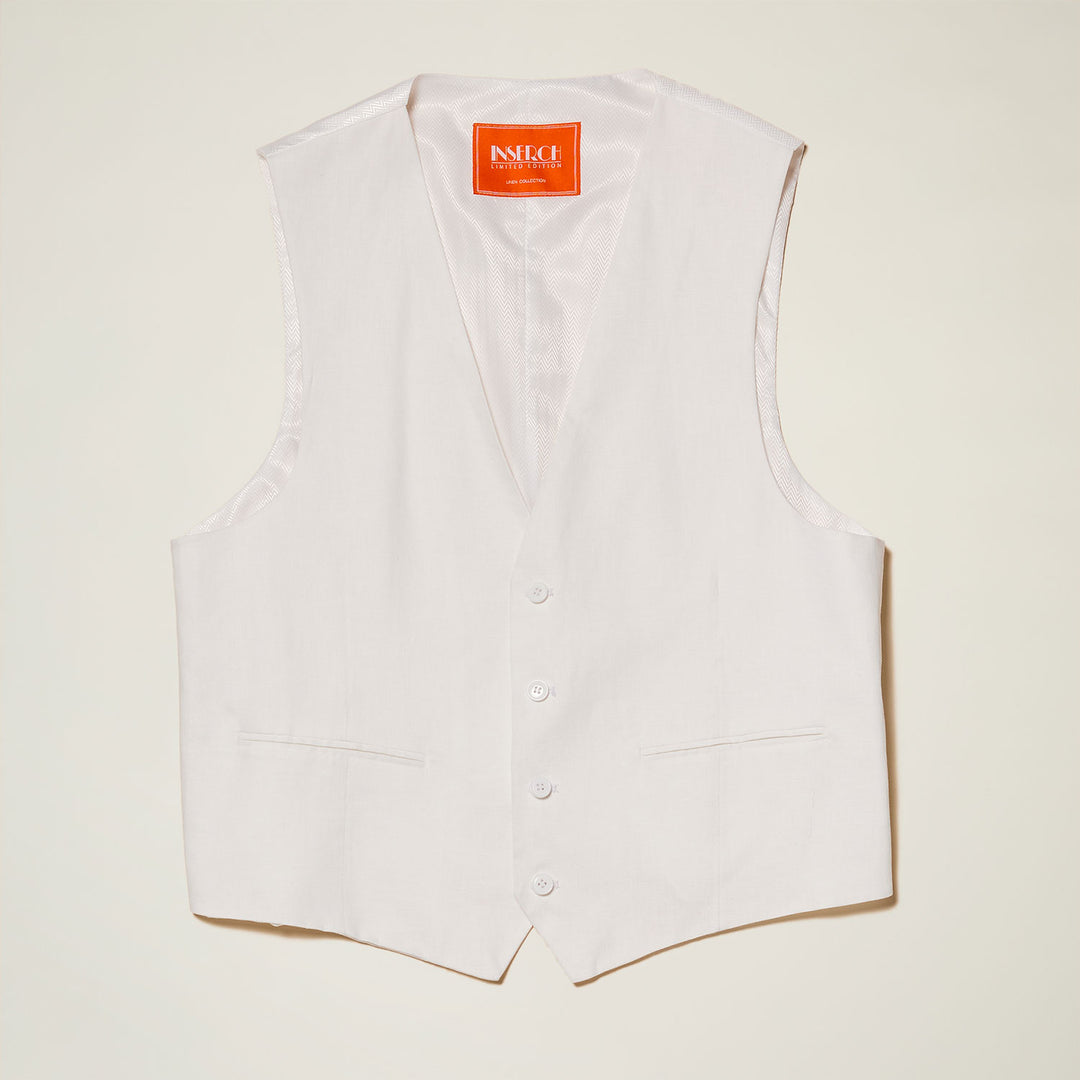 The Inserch Classic Linen Vest V66010 White is a men’s regular fit, sleeveless vest with white buttons, two front pockets, and an orange label on the inner collar, presented against a plain background.
