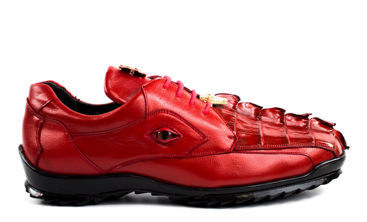The Belvedere Vasco (336122) is a red genuine Hornback and soft Italian calf leather shoe with a glossy, textured finish, eye-shaped side detail, and soft leather lining for added comfort.