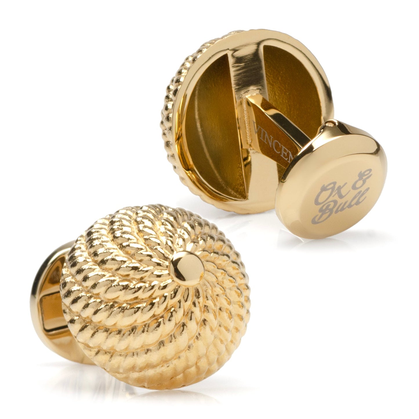 The VDP 3D Colony Gold Stainless Stud Set by Cufflinks.com features gold cufflinks and matching beehive design studs with a textured spiral motif, perfect for enhancing your formal look. Shown on a white background.