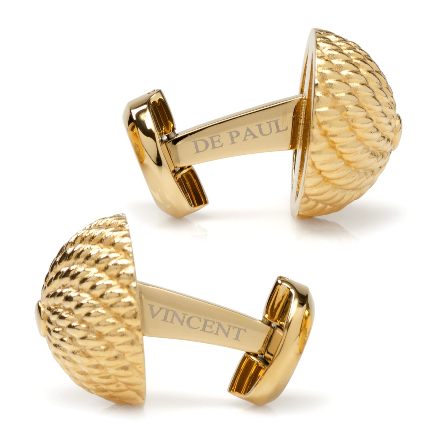 The VDP 3D Colony Gold Stainless Stud Set by Cufflinks.com features gold cufflinks and matching beehive design studs with a textured spiral motif, perfect for enhancing your formal look. Shown on a white background.