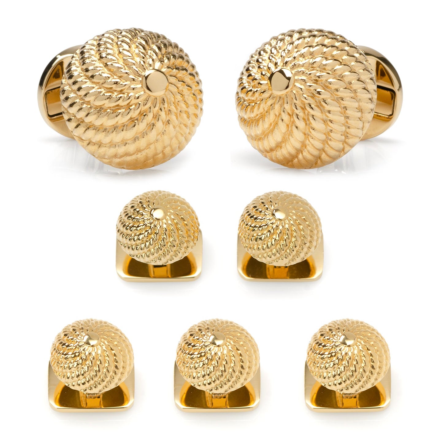 The VDP 3D Colony Gold Stainless Stud Set by Cufflinks.com features gold cufflinks and matching beehive design studs with a textured spiral motif, perfect for enhancing your formal look. Shown on a white background.