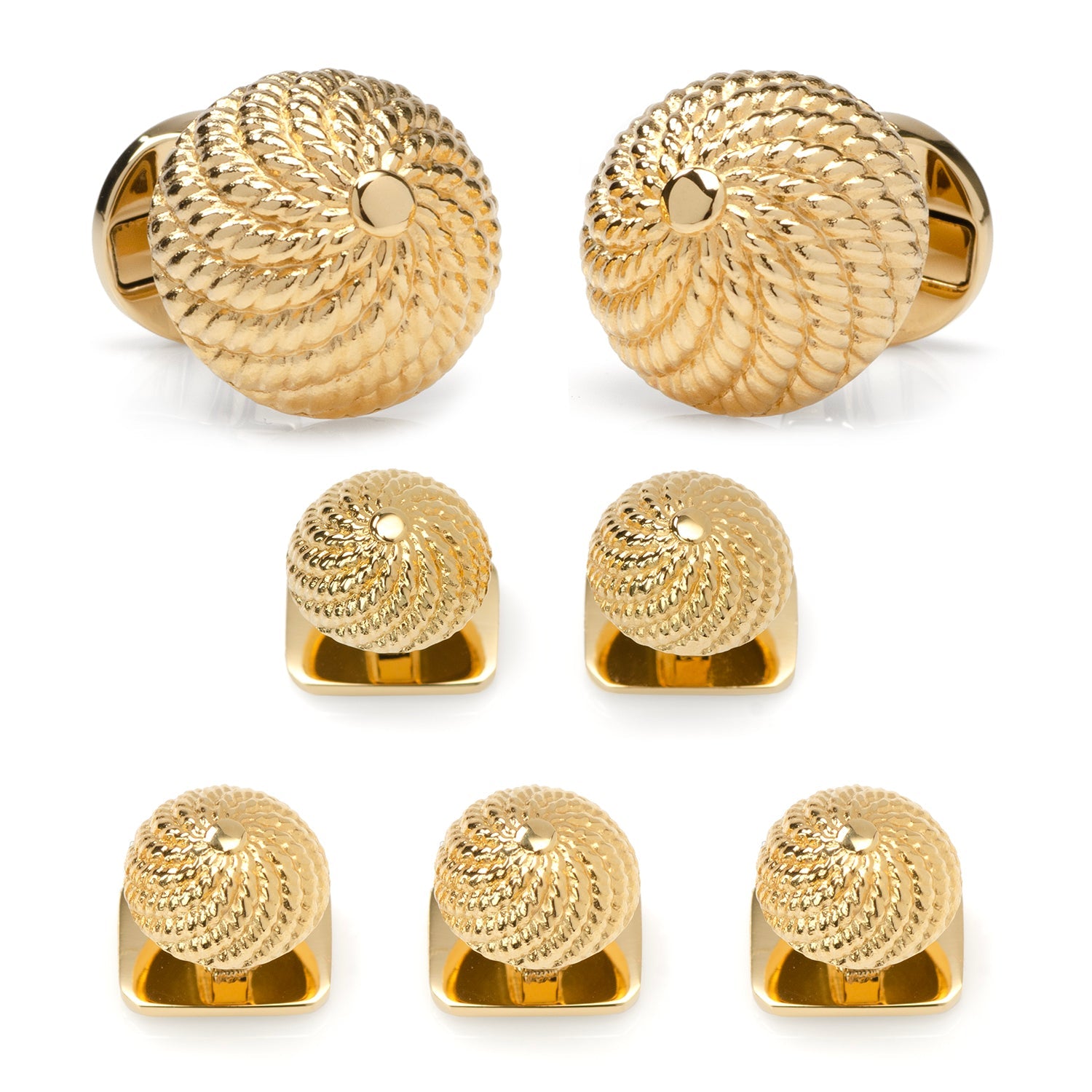 The VDP 3D Colony Gold Stainless Stud Set by Cufflinks.com features gold cufflinks and matching beehive design studs with a textured spiral motif, perfect for enhancing your formal look. Shown on a white background.