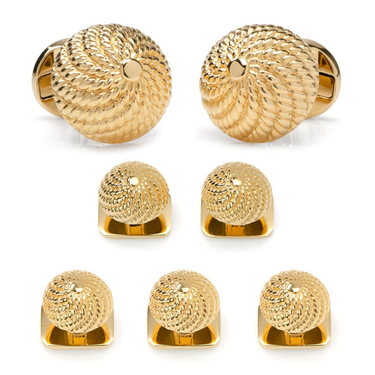 The VDP 3D Colony Gold Stainless Stud Set by Cufflinks.com features gold cufflinks and matching beehive design studs with a textured spiral motif, perfect for enhancing your formal look. Shown on a white background.
