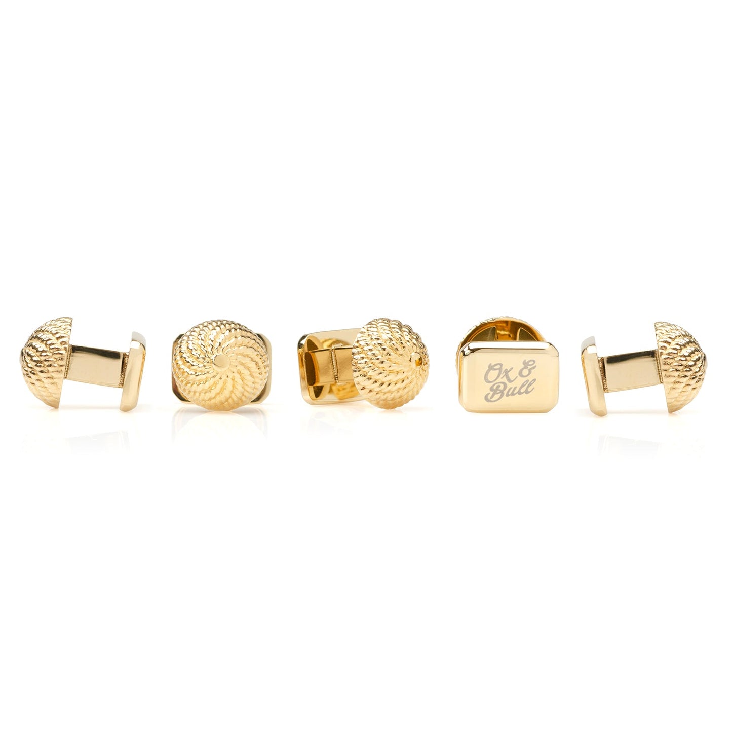 Five VDP 3D Colony Gold Stainless Studs by Cufflinks.com, with textured swirl-patterned tops, are arranged in a V-shape on a white background—perfect as unique formalwear accessories or decorative gold-tone knobs.