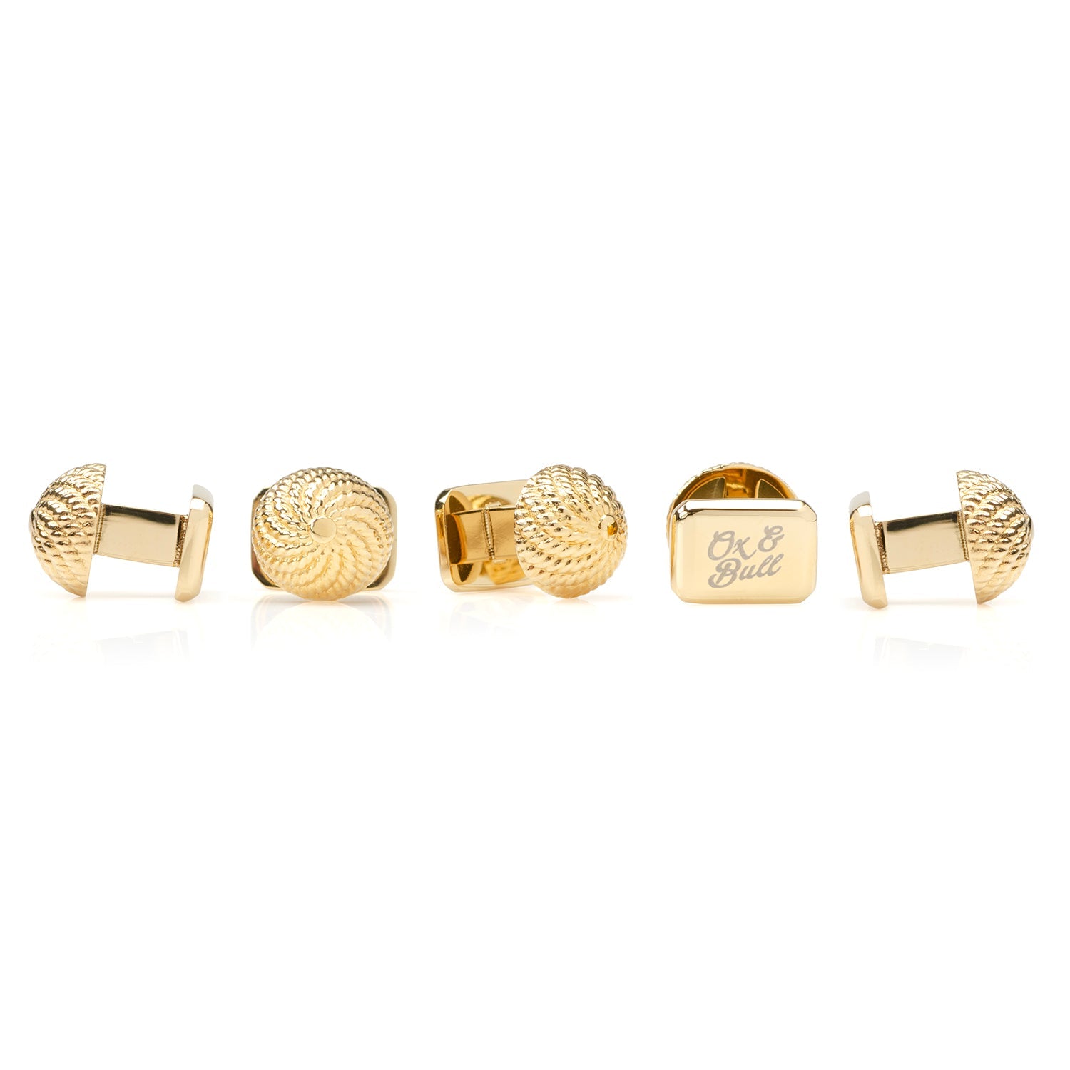 Five VDP 3D Colony Gold Stainless Studs by Cufflinks.com, with textured swirl-patterned tops, are arranged in a V-shape on a white background—perfect as unique formalwear accessories or decorative gold-tone knobs.