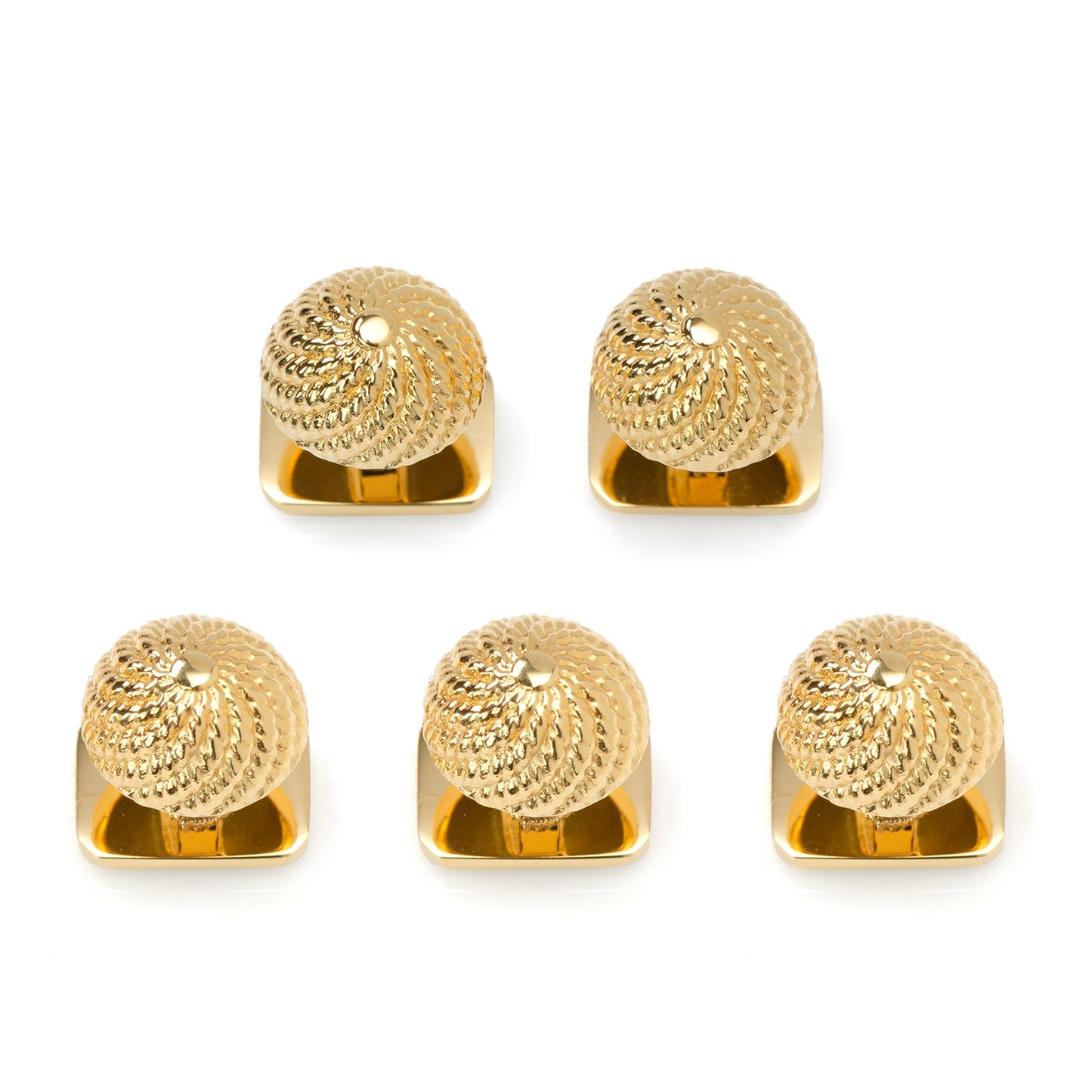 Five VDP 3D Colony Gold Stainless Studs by Cufflinks.com, with textured swirl-patterned tops, are arranged in a V-shape on a white background—perfect as unique formalwear accessories or decorative gold-tone knobs.